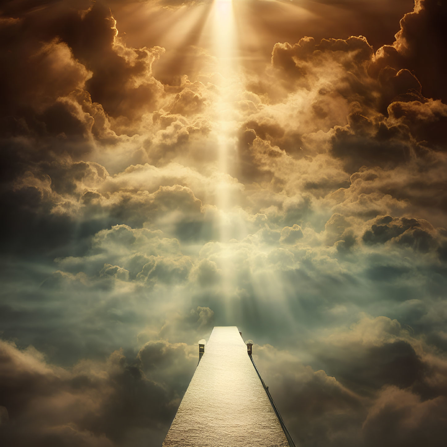 Dock Leading into Luminous Sky with Golden Sun Rays and Dramatic Clouds