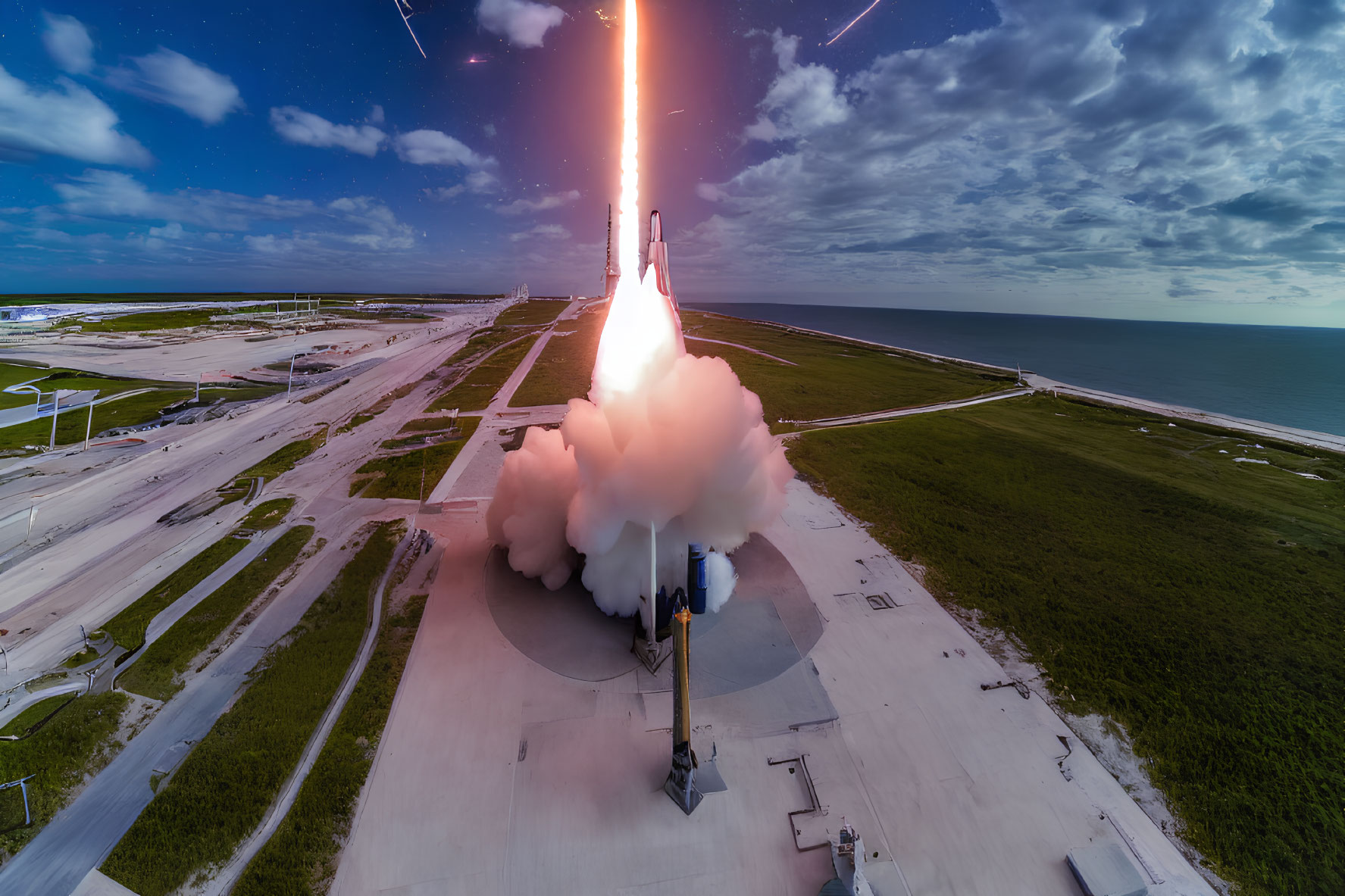 Rocket Launch with Fire and Smoke Trail Over Coastal Landscape