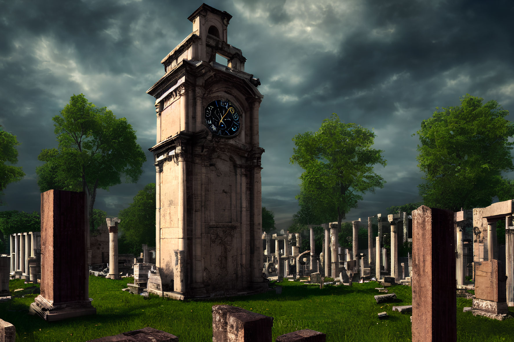 Impressive clock tower in ancient ruins under dramatic sky