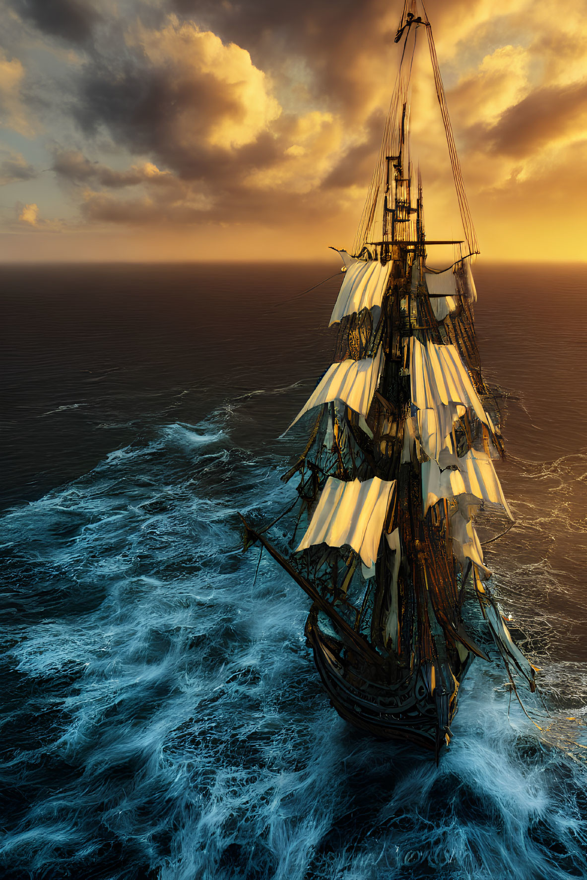 Tall ship sailing on vibrant blue ocean under dramatic sunset sky