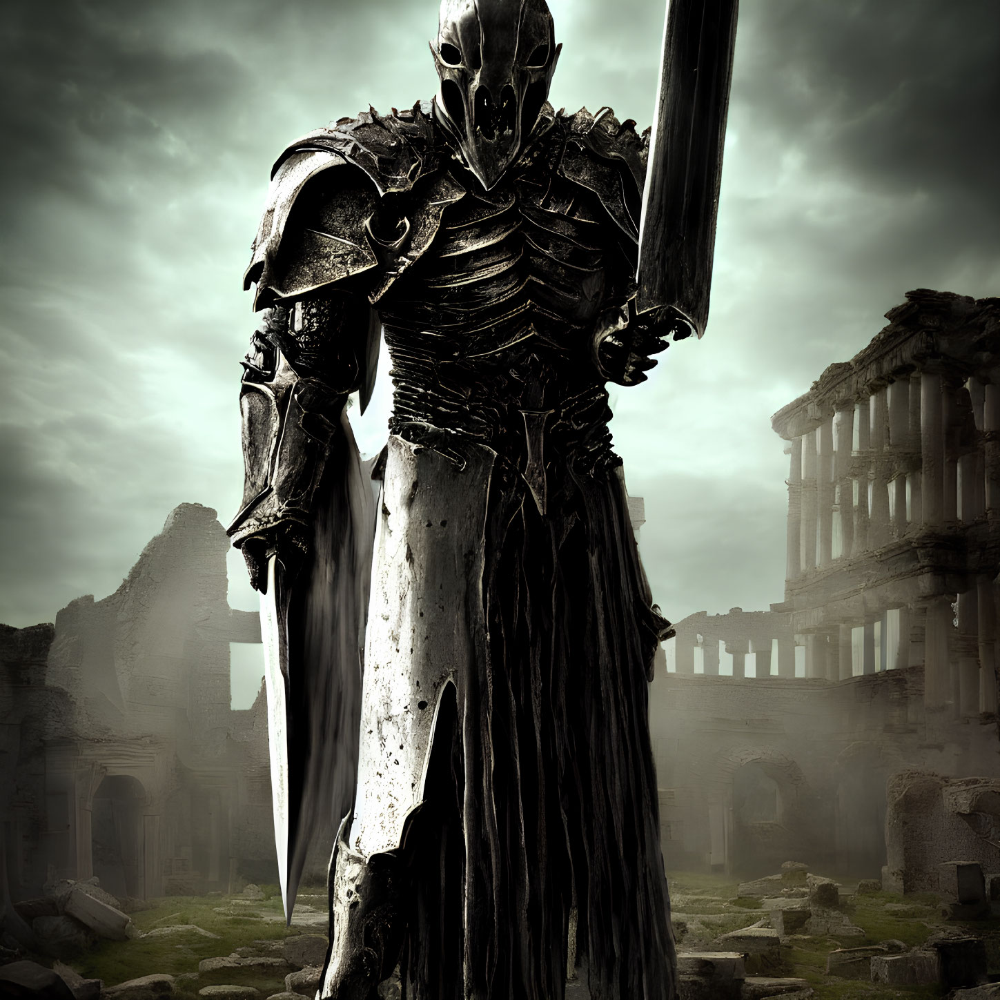 Armored figure with skull-like mask and sword in ruins under cloudy sky