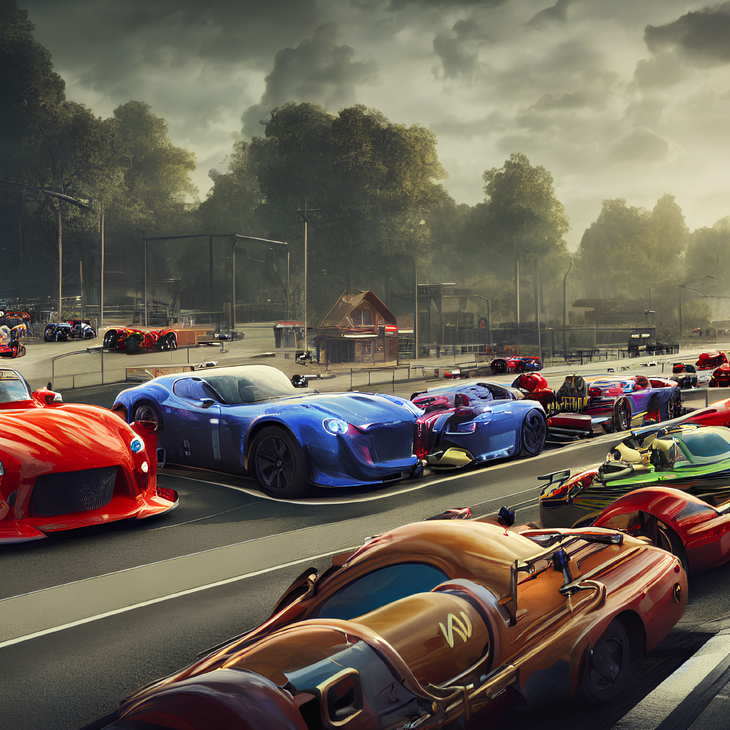 Race cars lined up at starting grid under dramatic cloudy sky