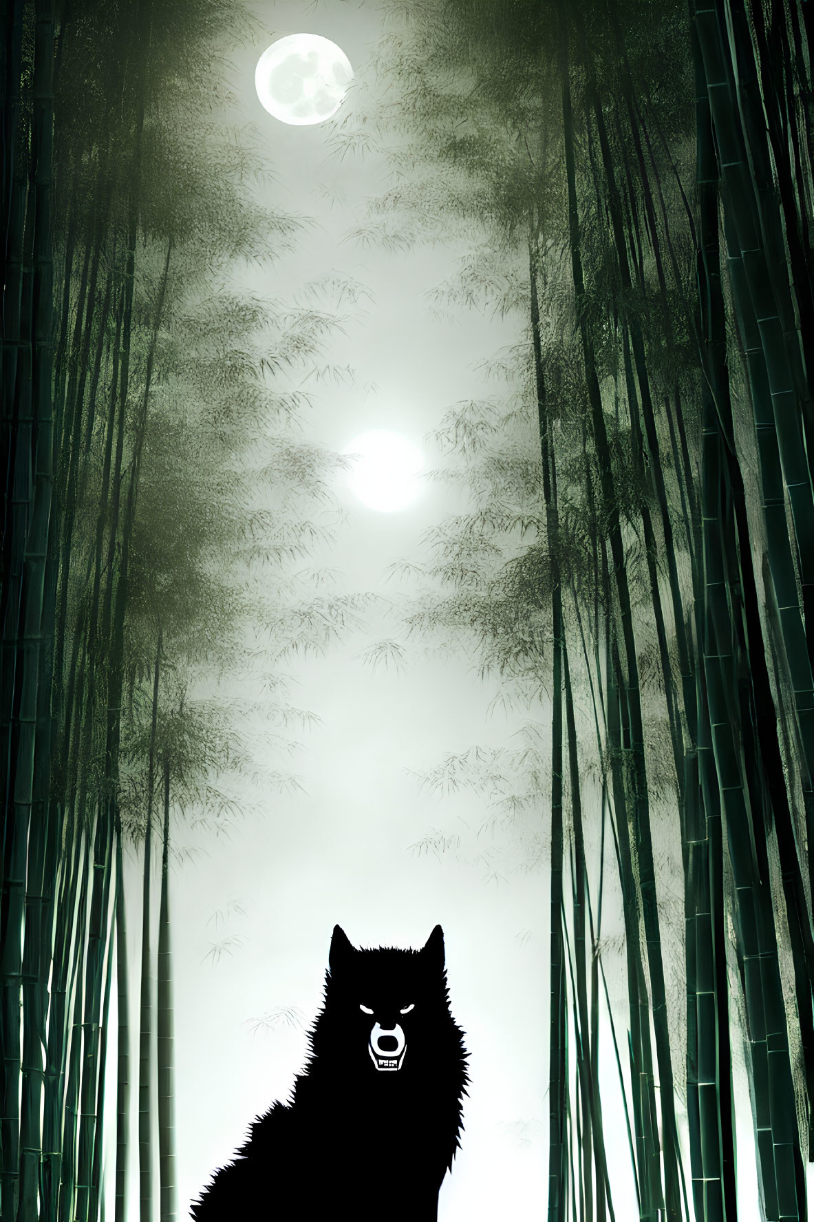 Silhouetted wolf in misty bamboo forest under full moon