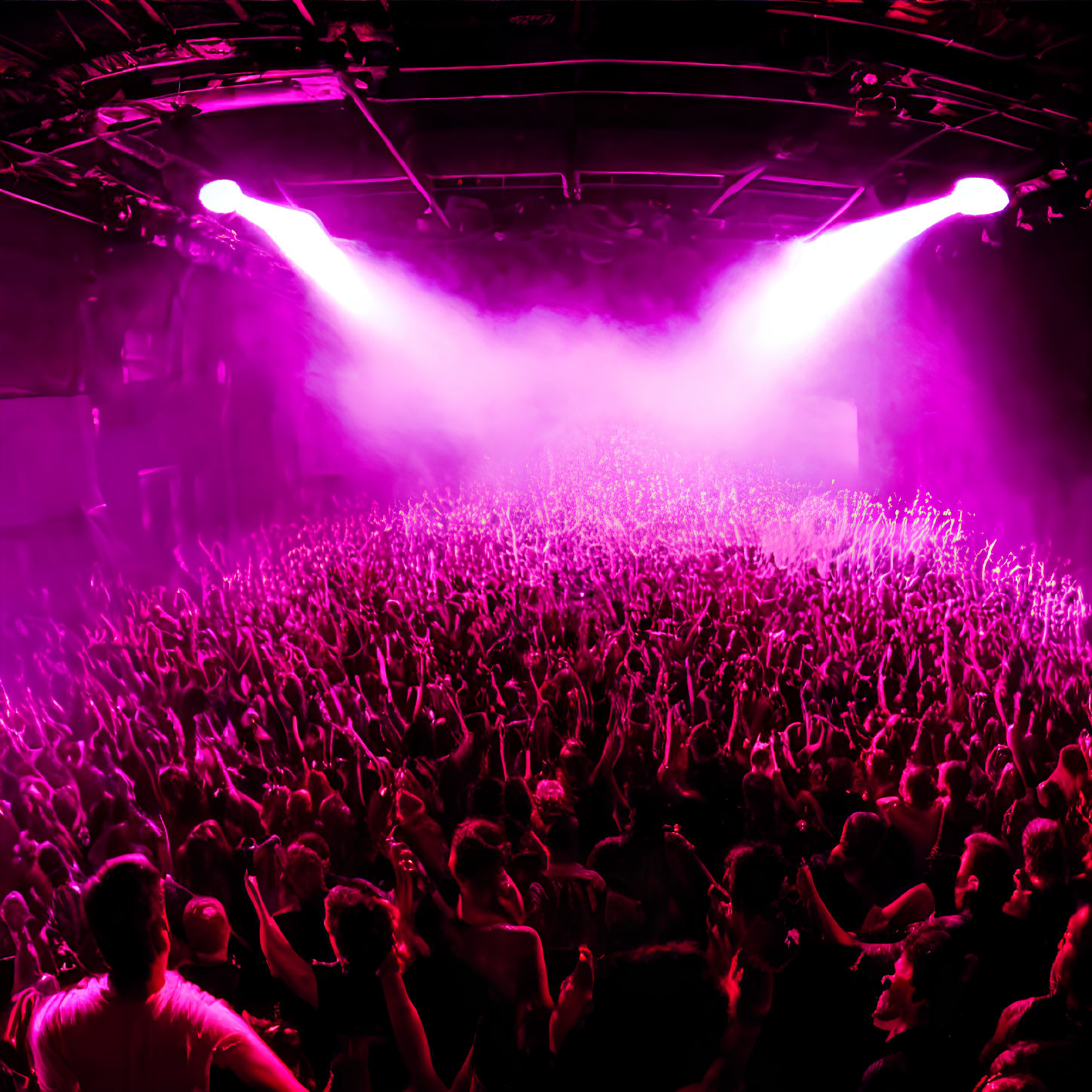 Concert crowd with raised hands under purple stage lights