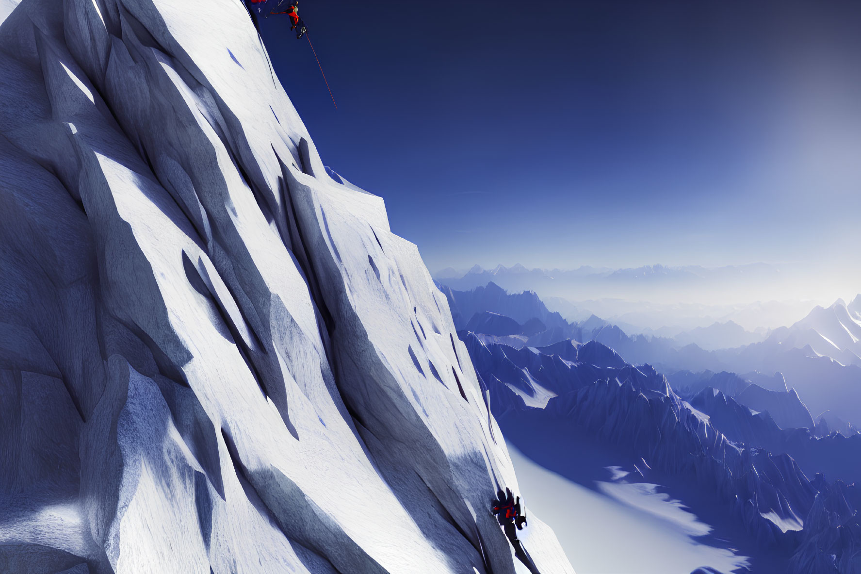 Climbers scaling icy mountain under clear skies