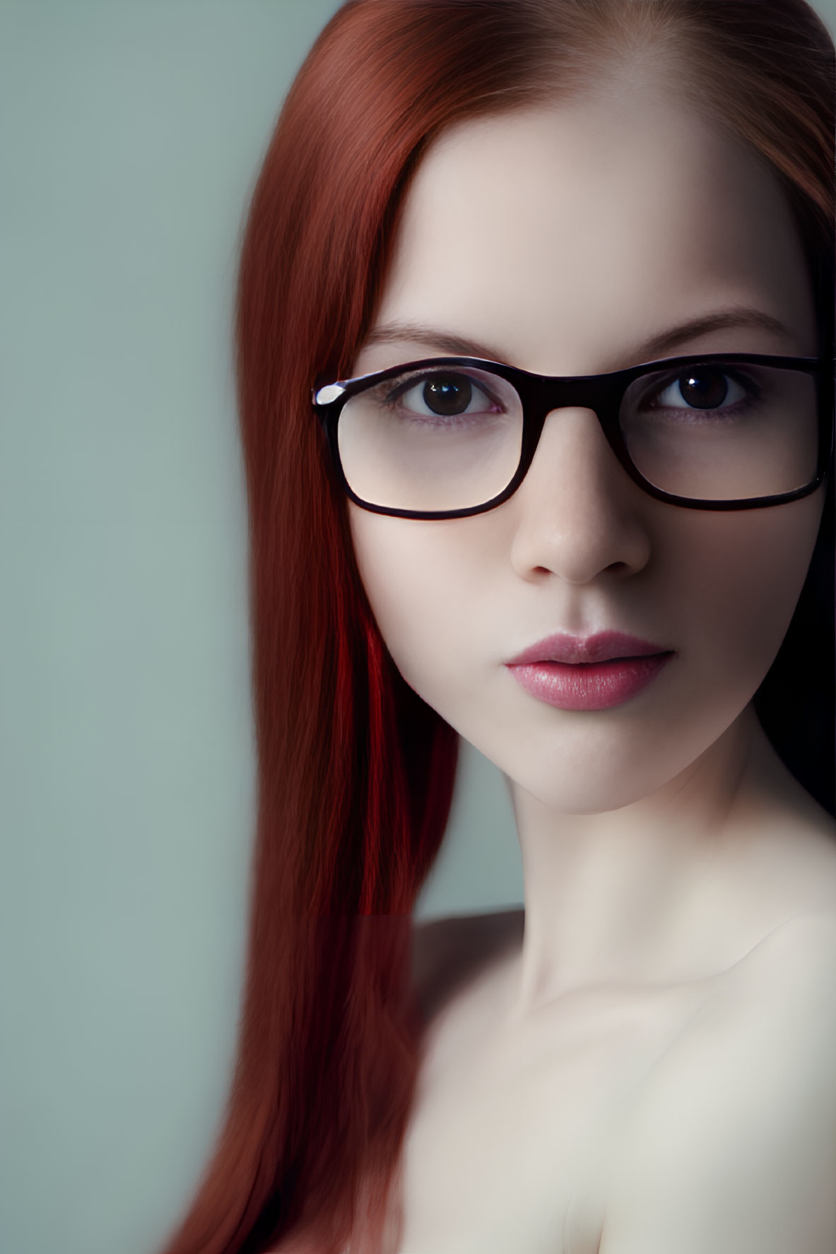 Red-haired woman with glasses and subtle makeup on light blue background