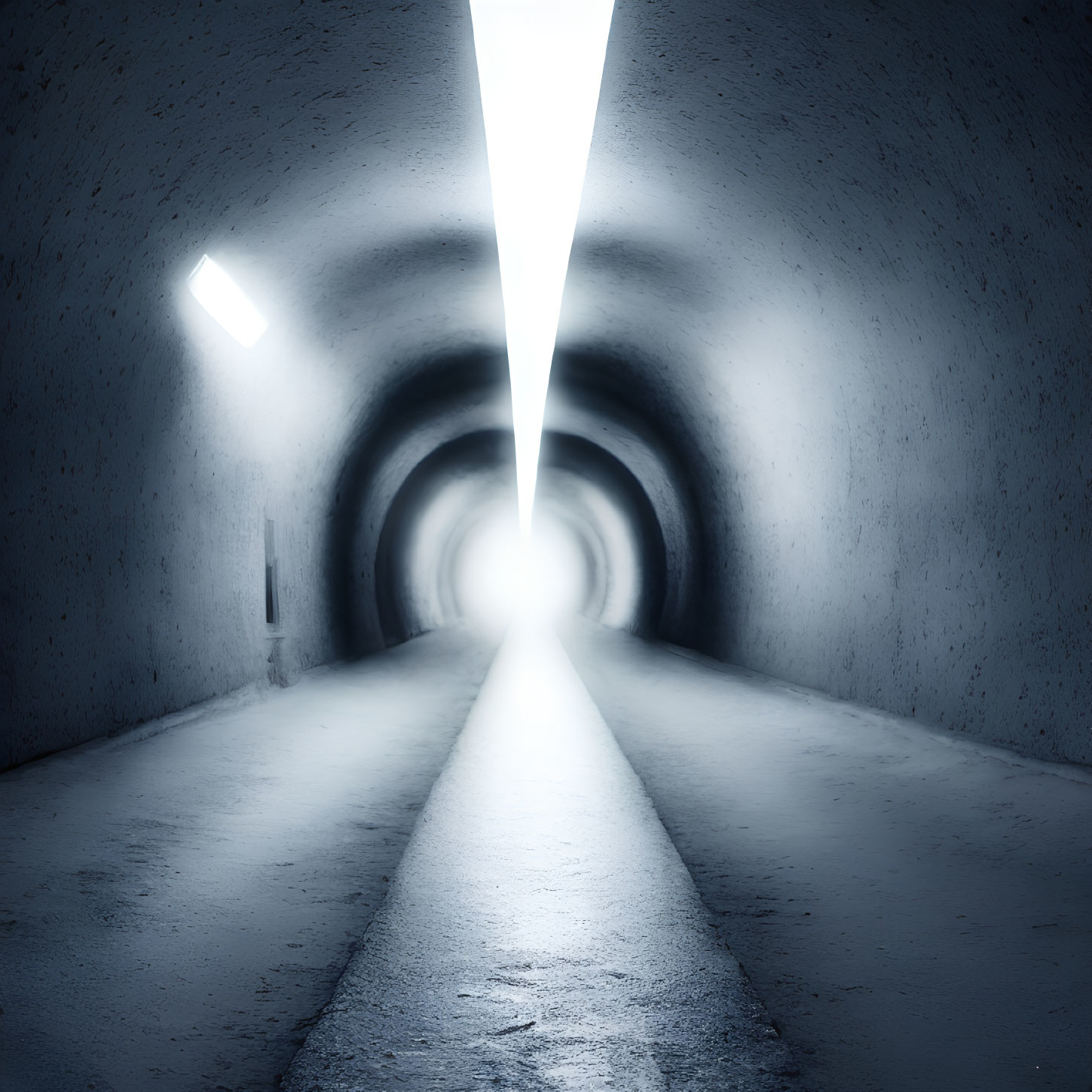 Desolate concrete tunnel with curved ceiling and intermittent lights.