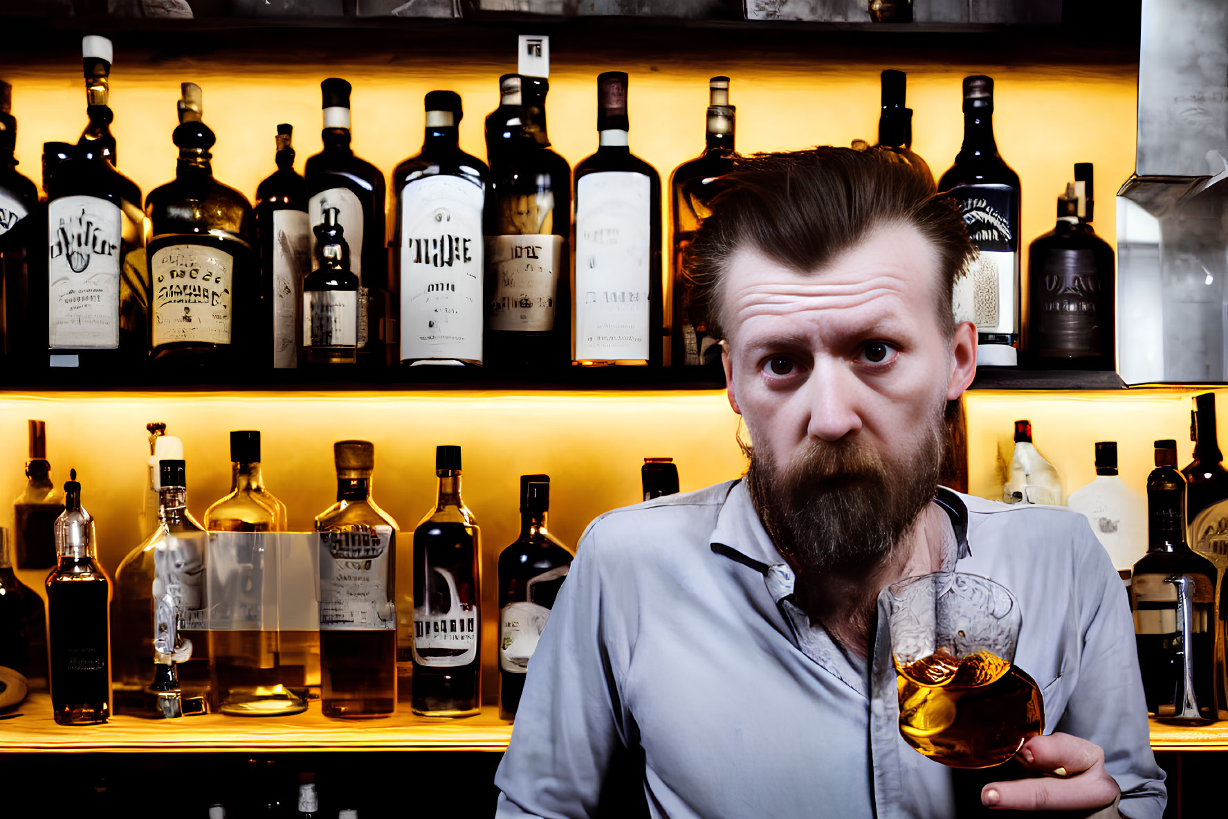 Serious man with moustache holding whiskey glass at bar shelf