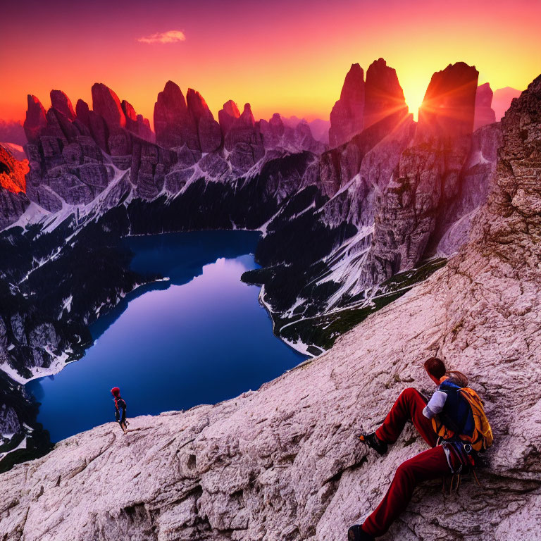 Climbers on Rocky Terrain with Panoramic Mountain View