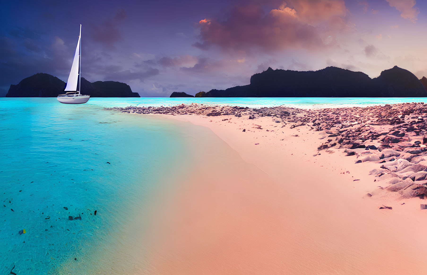 Twilight beach scene with sailboat, turquoise water, and purple sky