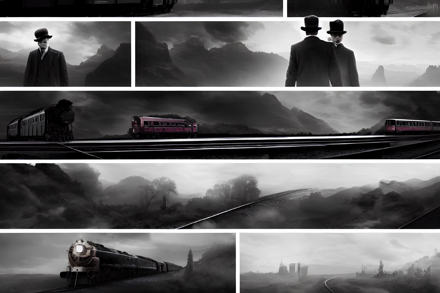 Monochrome collage of man in hat, misty landscapes, mountains, and trains