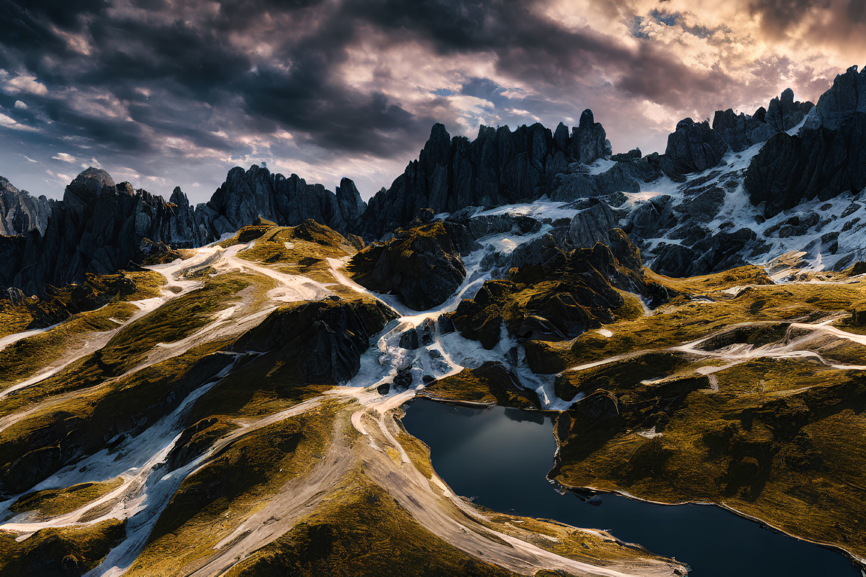 Dramatic Mountain Landscape with Rugged Peaks and Alpine Lake