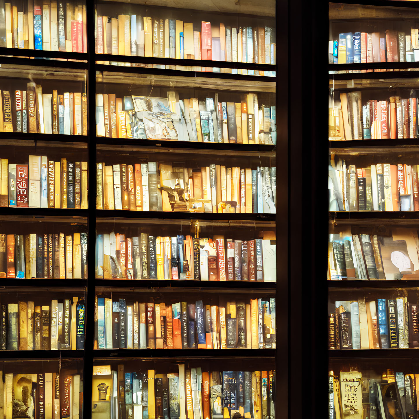 Spacious bookshelf filled with books in warm light