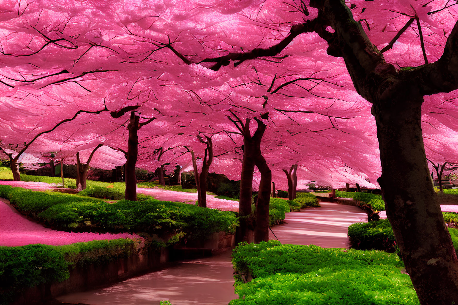 Lush pink cherry blossoms over green park with stream