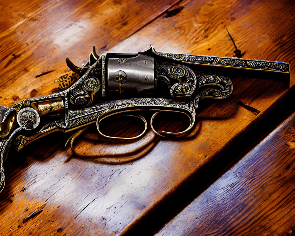 Antique Flintlock Pistol with Intricate Engravings on Wood