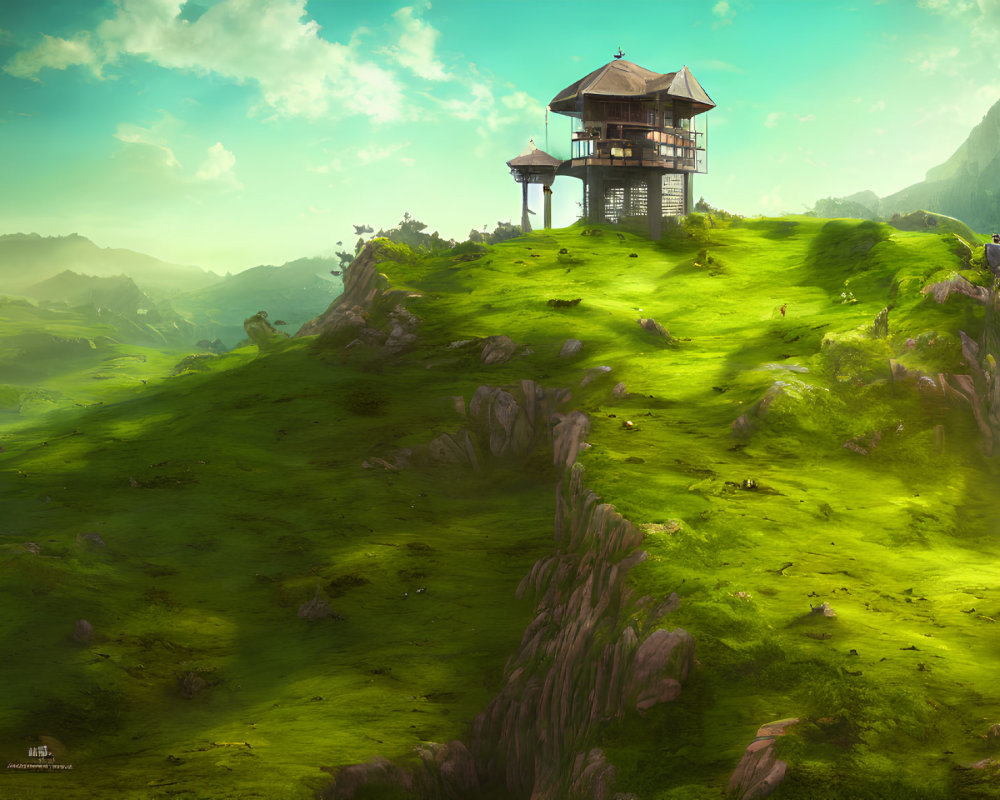 Tranquil landscape with wooden lookout tower on green hill