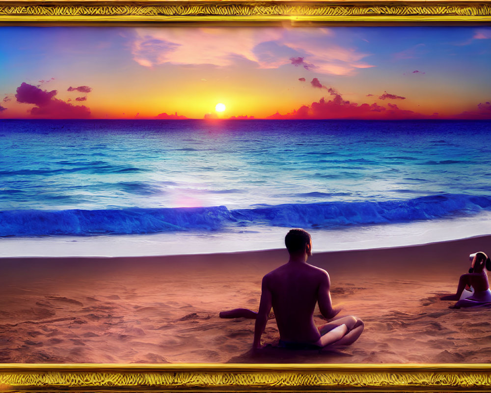 Person on Beach at Sunset Watching Sun Meeting Sea