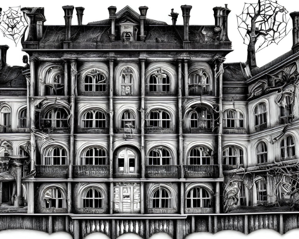 Detailed monochromatic illustration of eerie, ornate multi-storied building