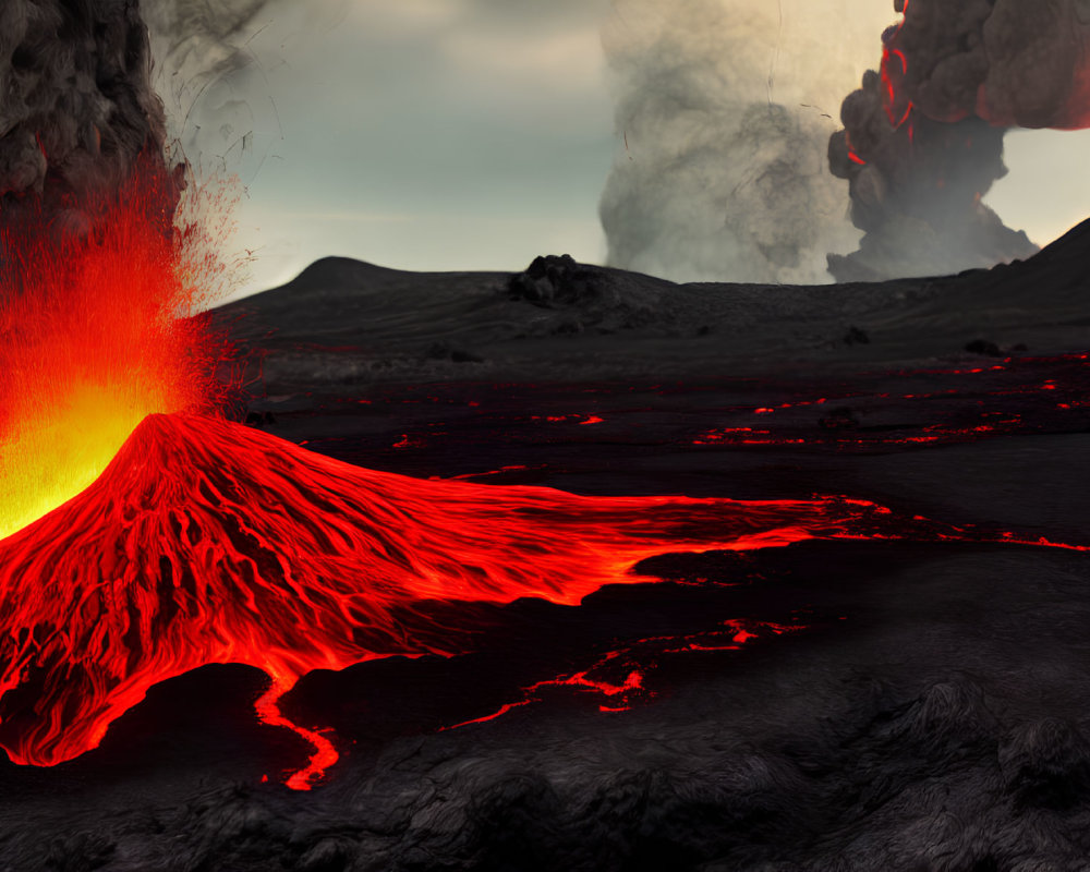 Volcanic eruption with flowing lava and ash plumes in dark landscape