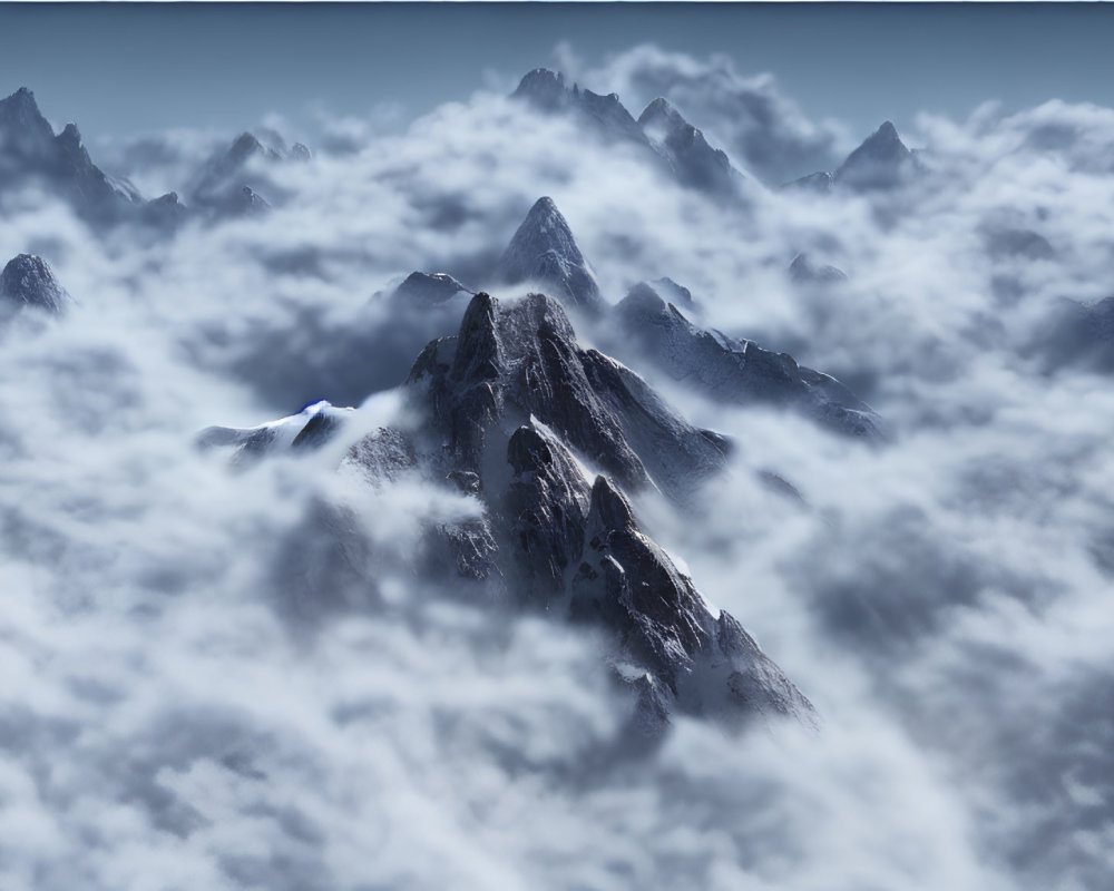 Majestic mountain range with sharp peaks above fluffy clouds