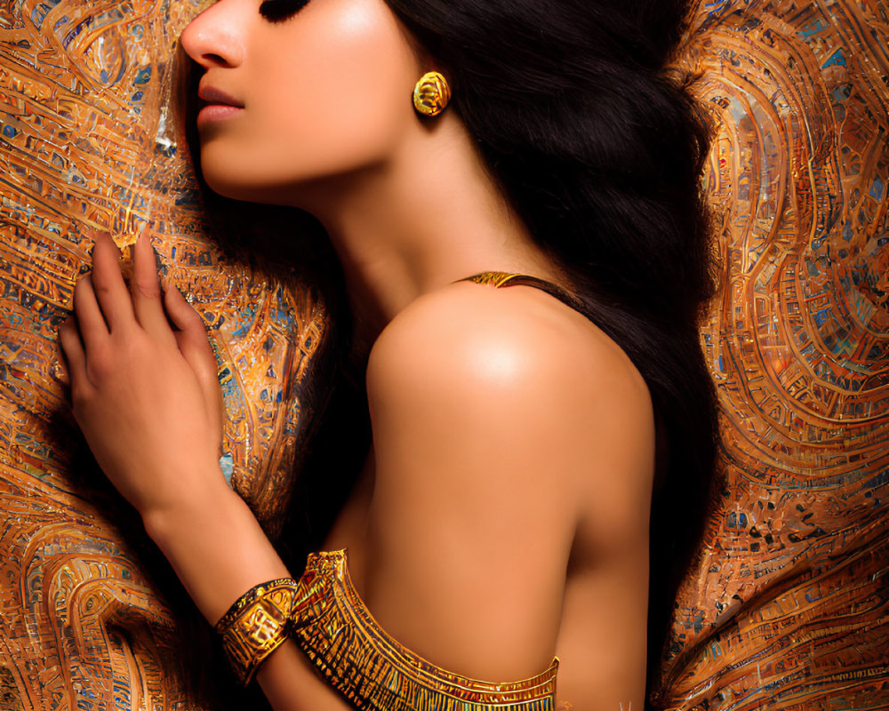 Dark-haired woman in golden jewelry against ornate backdrop