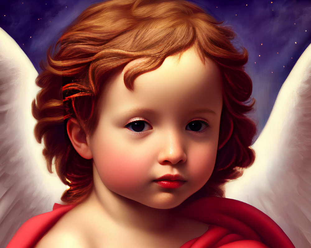 Cherubic figure with golden-brown hair and angelic wings in red cloak