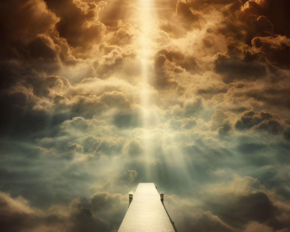 Dock Leading into Luminous Sky with Golden Sun Rays and Dramatic Clouds