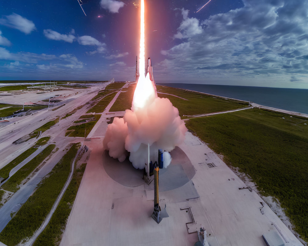 Rocket Launch with Fire and Smoke Trail Over Coastal Landscape