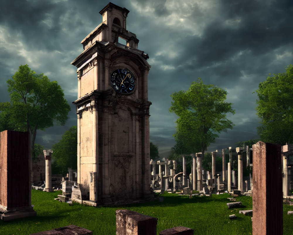 Impressive clock tower in ancient ruins under dramatic sky