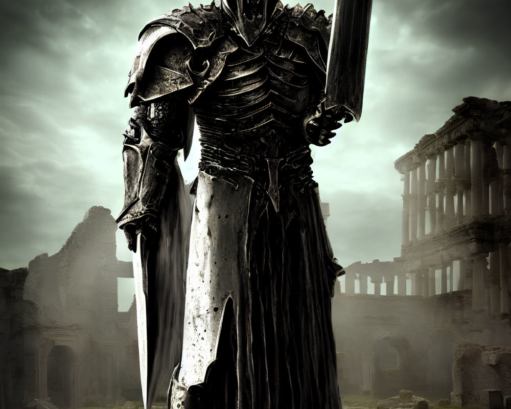 Armored figure with skull-like mask and sword in ruins under cloudy sky