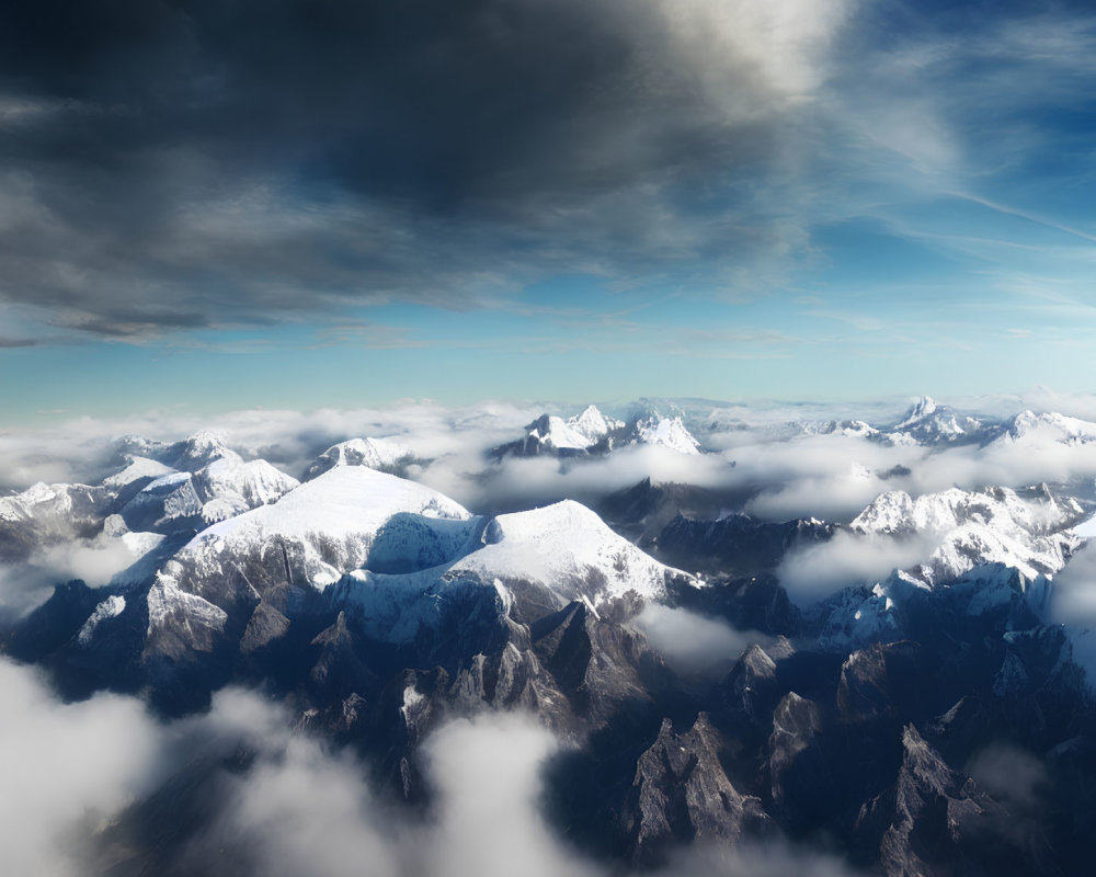 Snow-capped Mountain Peaks Above Clouds in Aerial View