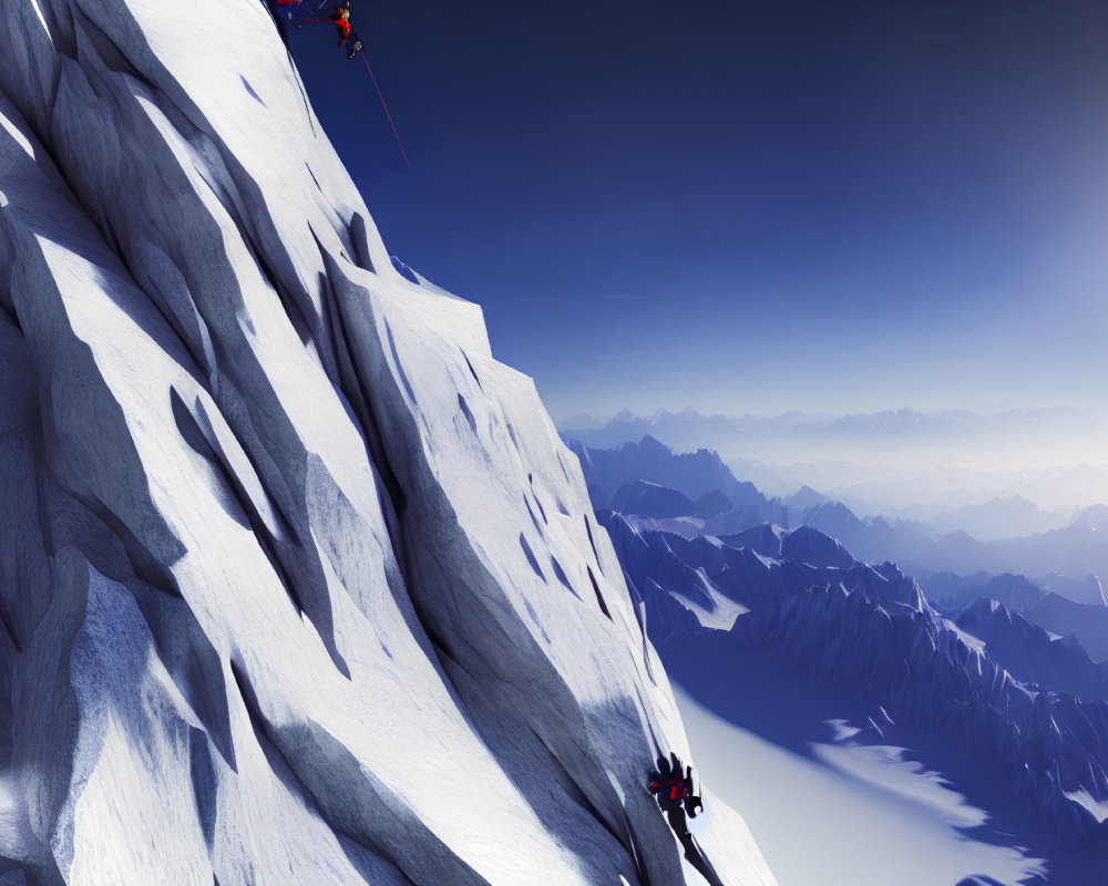 Climbers scaling icy mountain under clear skies