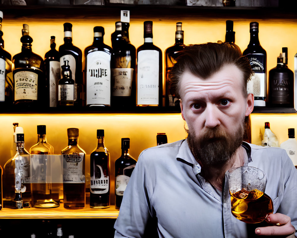 Serious man with moustache holding whiskey glass at bar shelf