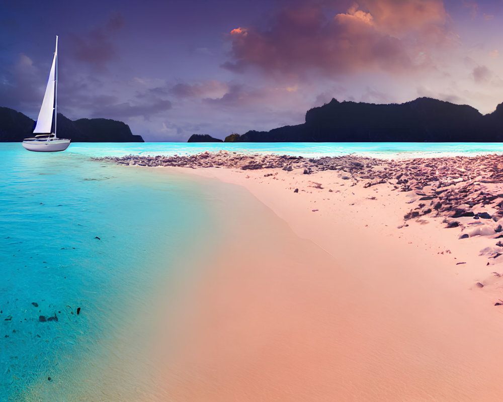 Twilight beach scene with sailboat, turquoise water, and purple sky