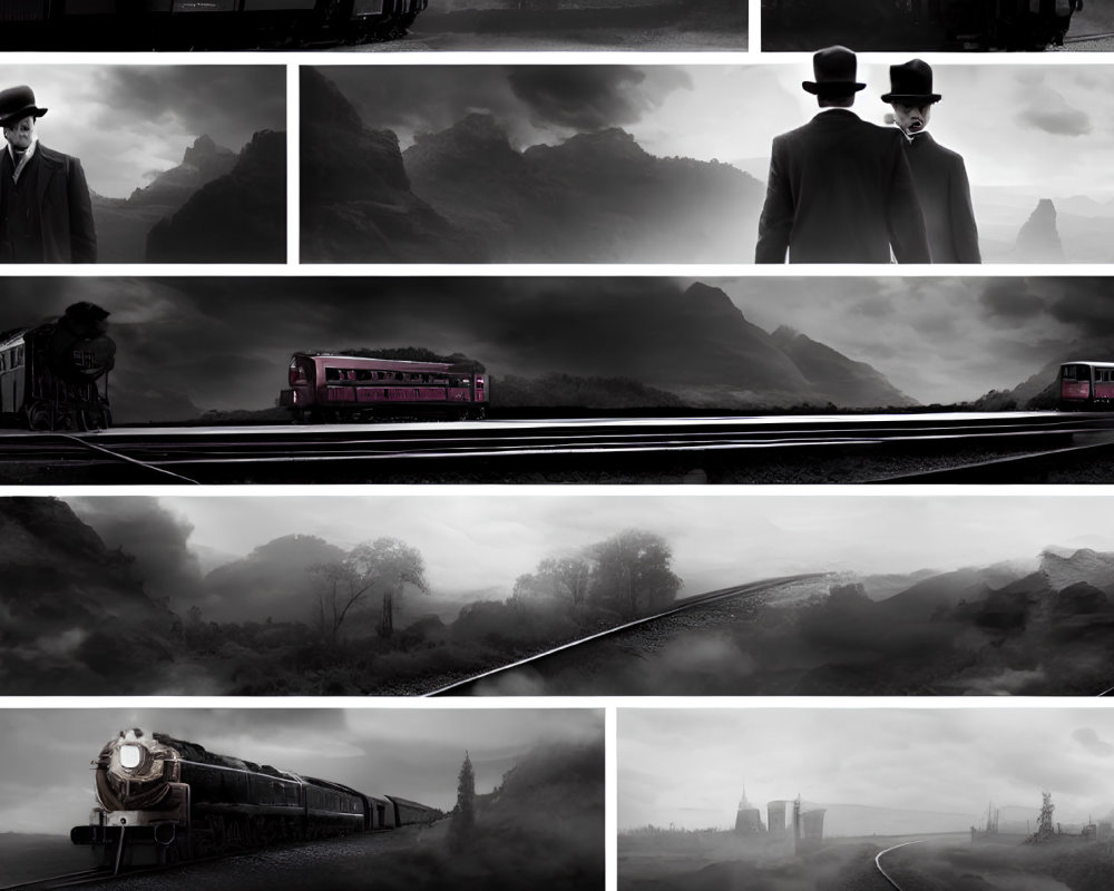 Monochrome collage of man in hat, misty landscapes, mountains, and trains