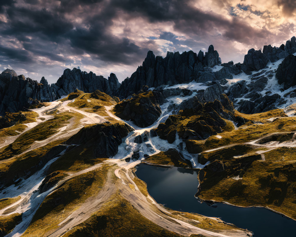 Dramatic Mountain Landscape with Rugged Peaks and Alpine Lake