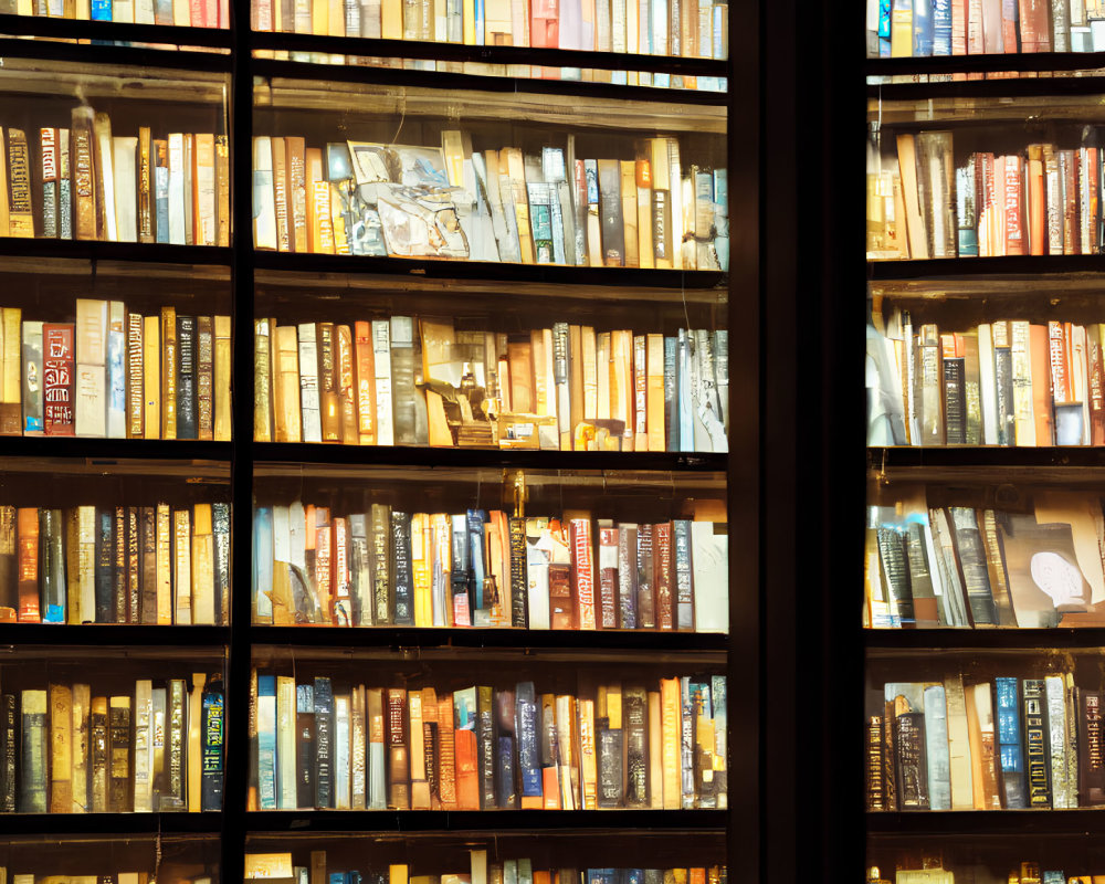 Spacious bookshelf filled with books in warm light