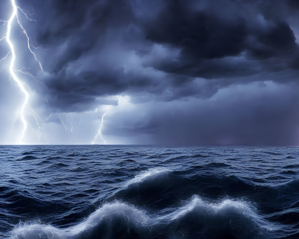 Dark storm clouds and lightning strikes over turbulent ocean waves