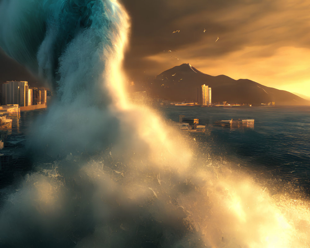 Gigantic wave over coastal city at sunset with orange glow