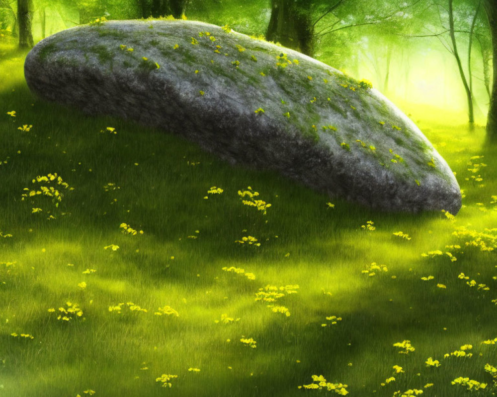 Large stone in lush forest glade with yellow flowers and hazy sunlight