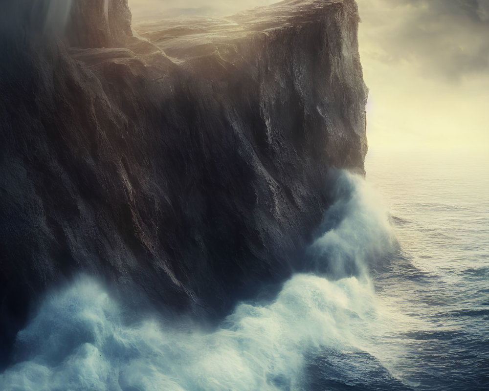 Person overlooking tumultuous ocean waves from towering cliff