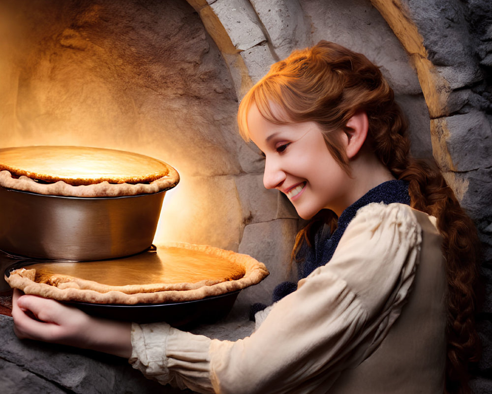 Smiling woman with braided hair baking pie in stone oven