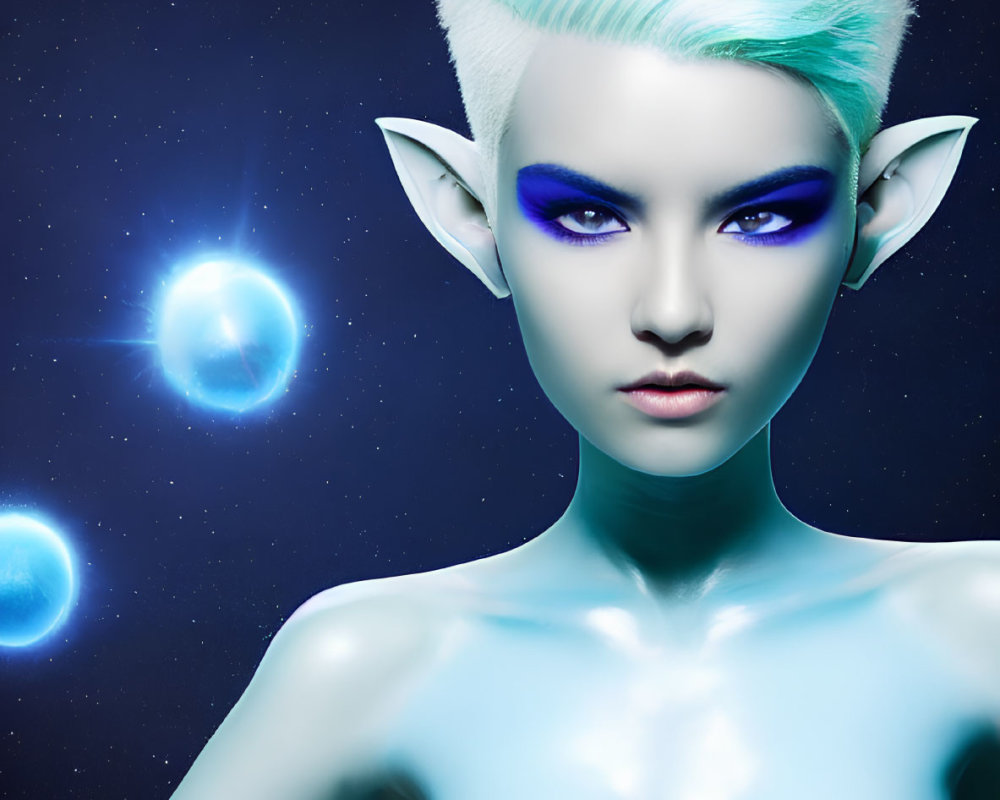 Blue-skinned humanoid alien in space with blue orbs