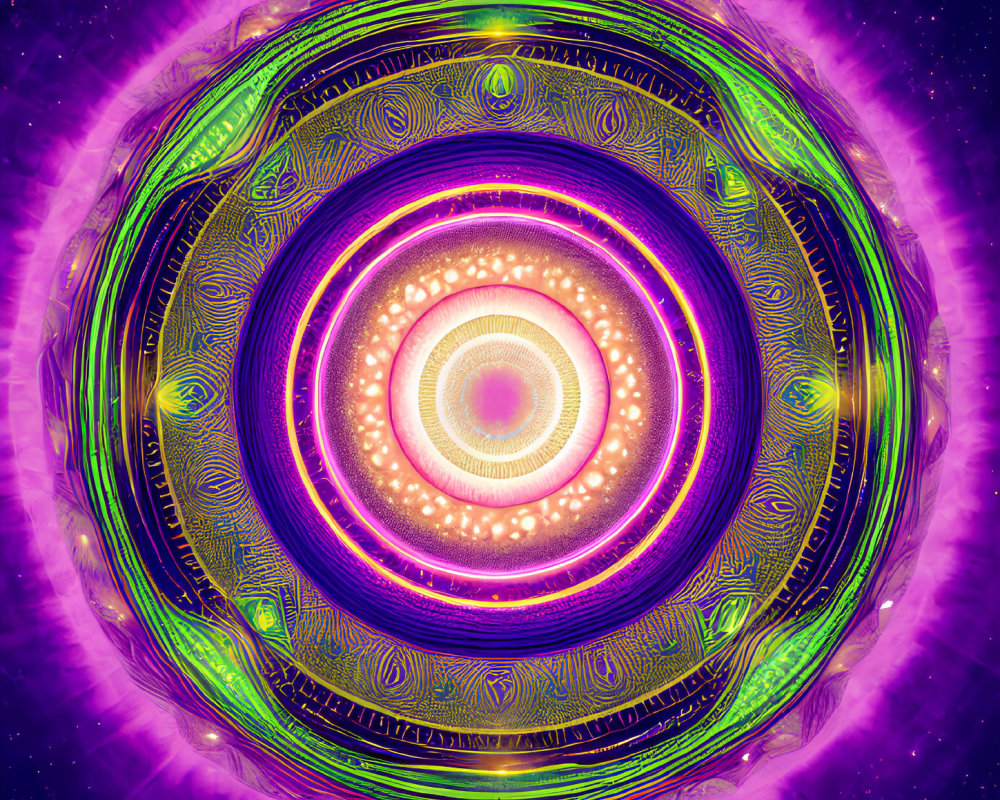 Colorful neon digital mandala on starry night sky background