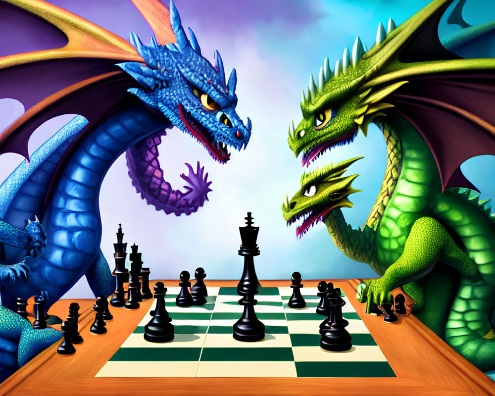 Blue and green animated dragons play chess in a tense rivalry.