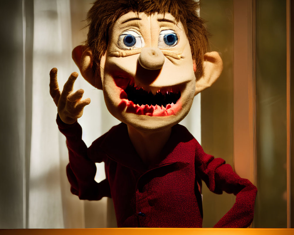 Brown-Haired Puppet in Red Shirt Gesturing Dramatically by Window