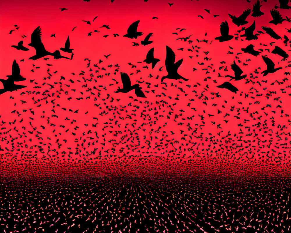 Flock of Birds Silhouetted Against Vibrant Red Sky