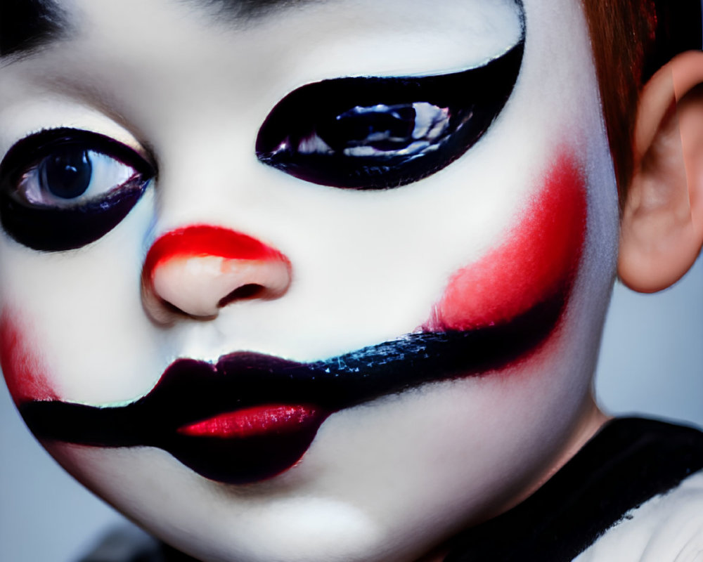 Detailed Close-Up of Child with Dramatic Clown Makeup