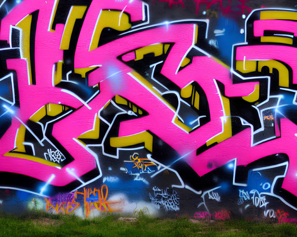 Colorful graffiti art with pink and yellow elements on a blue-gray background