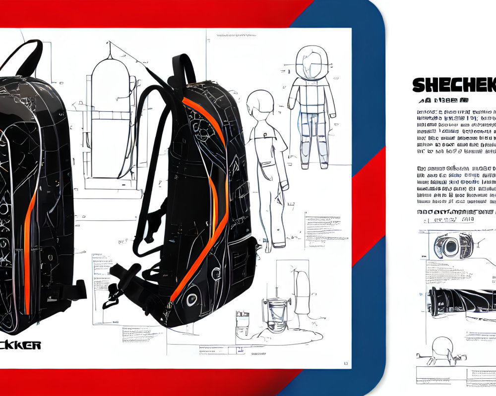 Black Backpack with Orange and White Designs and Schematic Illustrations